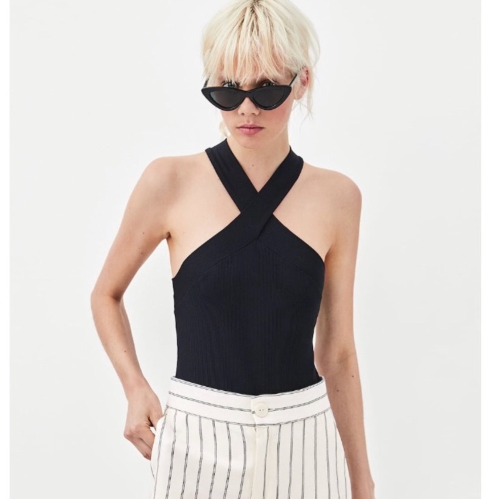 NWOT Zara Cross neck ribbed knit Tank crop Top